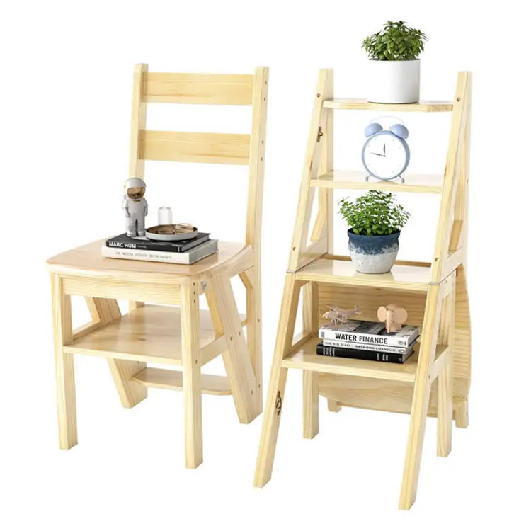 Creative dual-use 4-layer foldable ladder chair flower book storage display stand wooden step stool