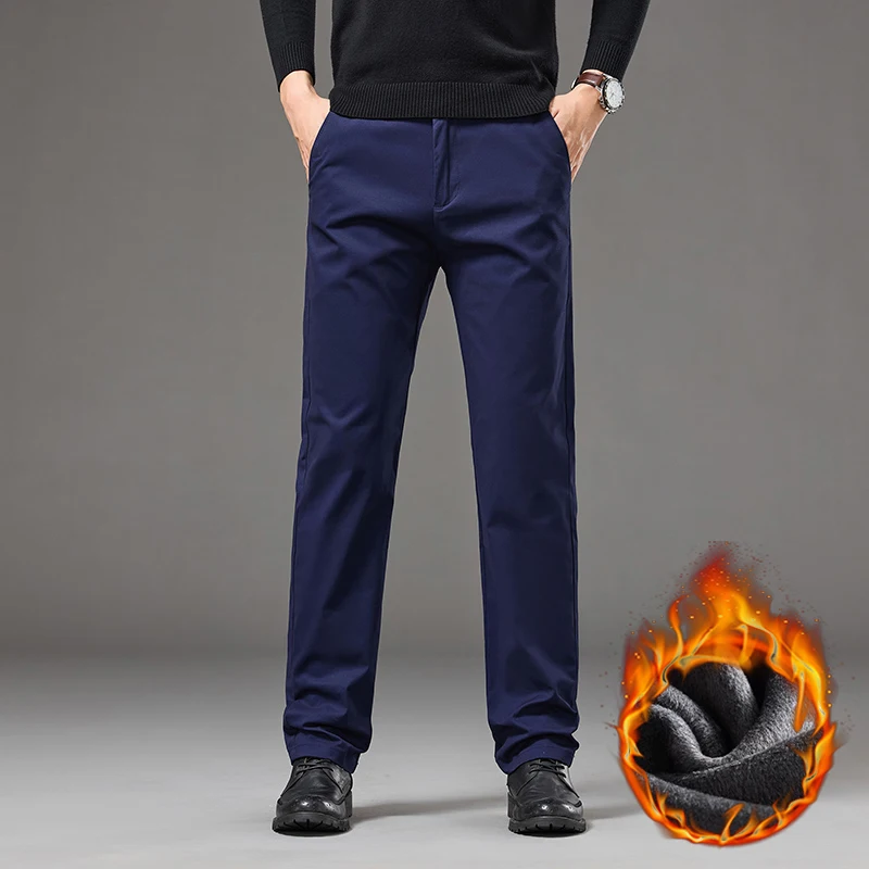 Winter Warm Fleece Casual Pants Men Business Straight Work Flocking Plush Thicken Khaki Light Gray Formal Suit Trousers Male - Image 3