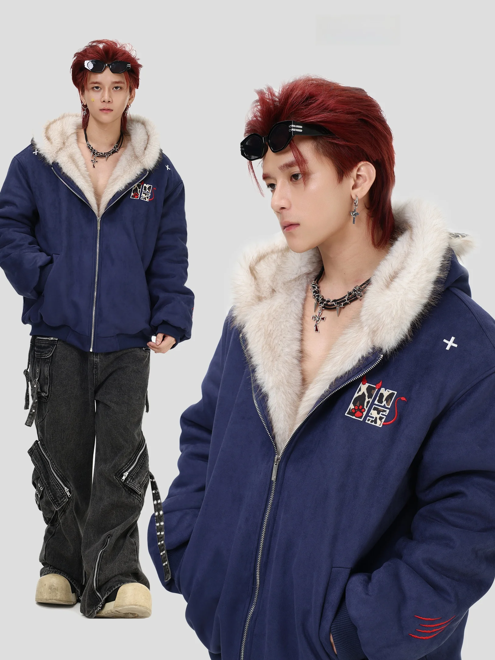 

Inskr American Sle Demon Leopard Patchwork Mountain Eagle Jaet Suede Fur Collar Men's Cotton Coat Warm Thiened Winter Coat