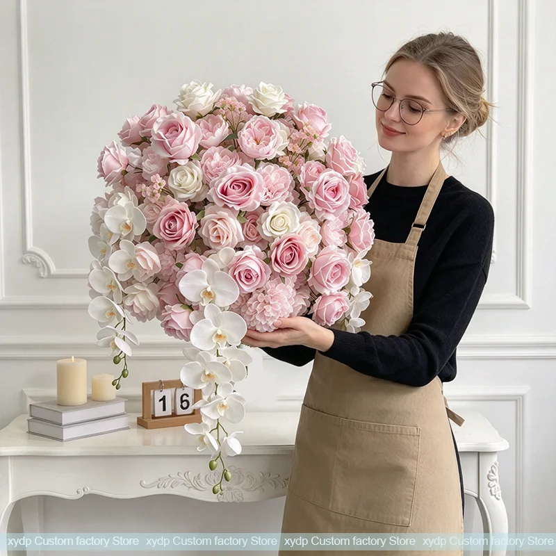 80 bis 30 cm Künstliche Luxuriöse Rosa-Weiße Rosenblütenkugel Tischdekoration Luxuriöser Hochzeitstischkranz Event-Tischdekoration Party – Detail 5