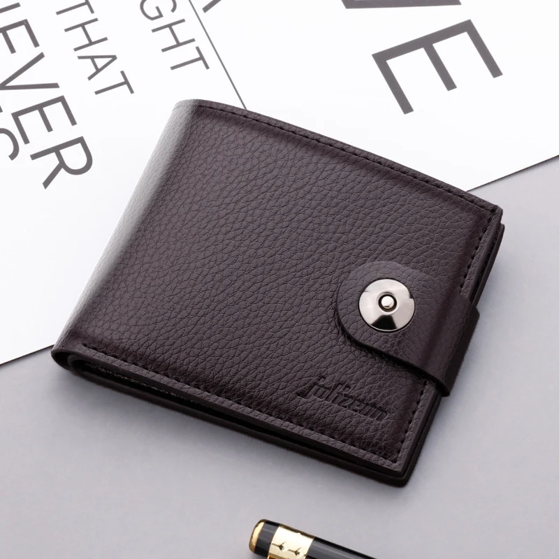 New Men's PU Leather Wallet Simple Versatile Pure Color Short Card Bag With Magnetic Buckle Bank ID Card Zipper Wallet