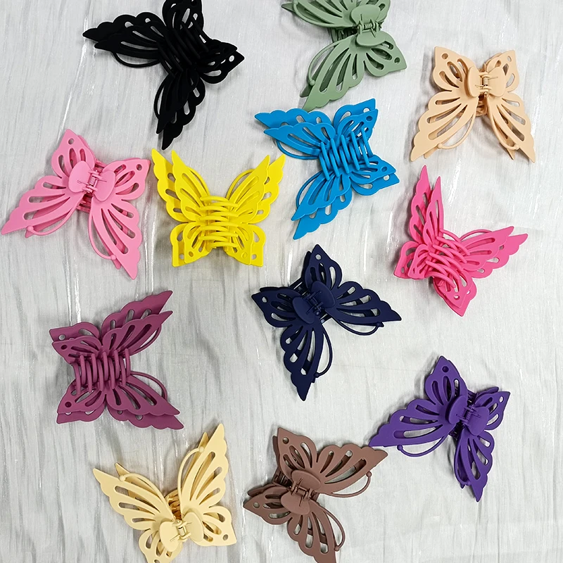 New Combination Simple Girls Women Back Head Hairpins Clip 13.5cm Double Layer Wing Hollow Antenna Butterfly Plastic Hair Claw