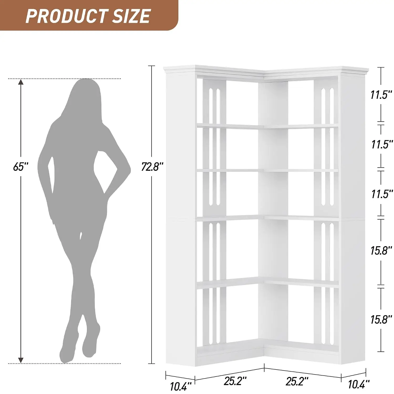 Corner Bookshelf 5-Tier L-Shaped Wood & Metal Bookcase Half Panel Storage Display Rack Living Room Bedroom White, Customized