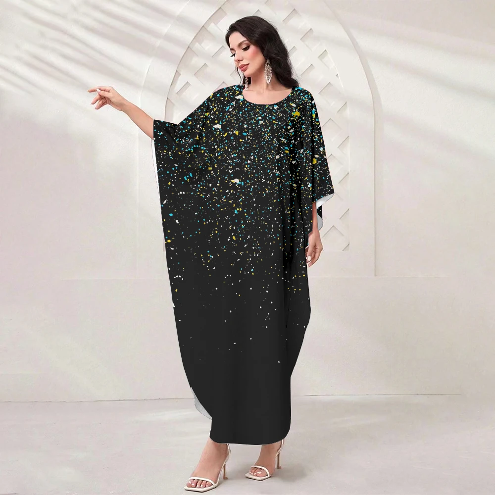 Summer Ladies Muslim Dresses Ladies Love Dot Print Elegant Temperament Batwing Sleeve Long Islamic O Neck Robe Wedding Dresses