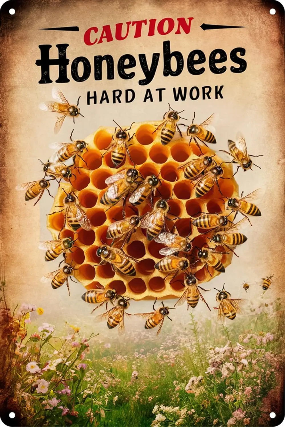 Vintage Metal Sign Caution - Honeybees Hard At Work - Garden Yard Sign Retro Tin Sign Wall Decor 12 x 8 Inch sign