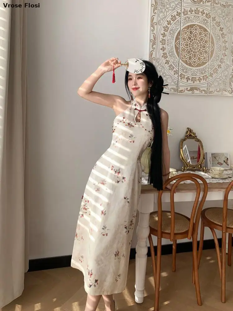 Nuovo vestito appeso al collo in stile cinese Retro miglioramento Cheongsam estate nuova stampa Slim Qipao vita che riduce i vestiti dimagranti