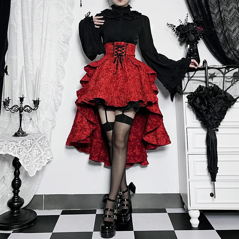 Gothique Sle médiéval rétro asymétrique taille haute jupe loween rouge et Bla taille cintrée Lolita Dr jupe