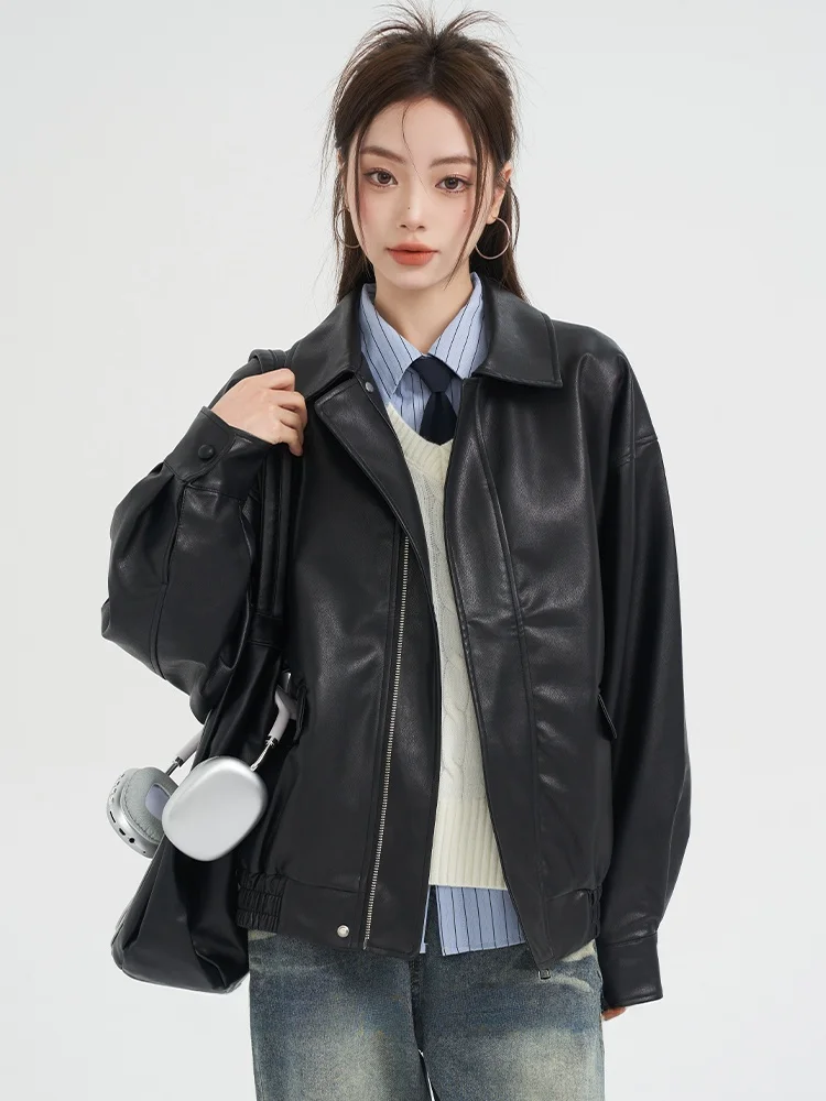 Bla americano sle ort couro jaet feminino início do outono 2025 nova motocicleta quente jaet conjunto topo doce sle longo sve