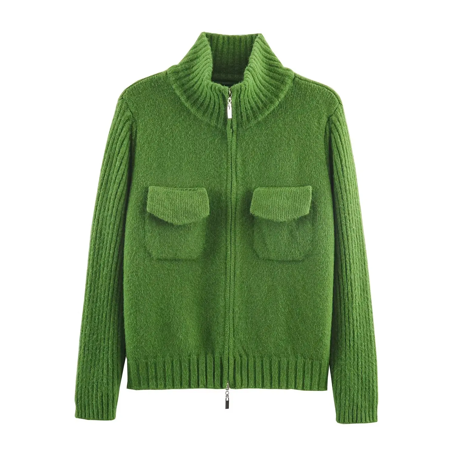 ملابس خارجية محبوكة من Faionable بتصميم سحاب مزدوج من ألياف البوليستر طويلة Sve بطول منتظم معطف نسائي