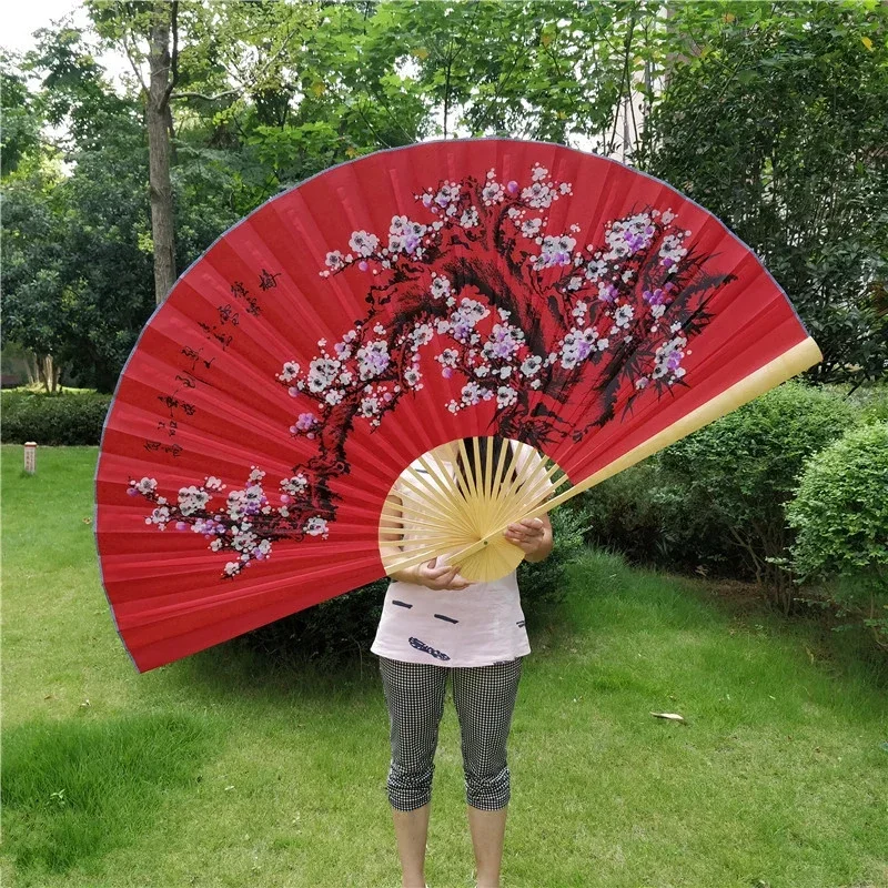 Chinese Style Festive Red Plum Decoration Fan Classical Decorative Furnishings Big Folding Hand Fan Performance Props Abanicos