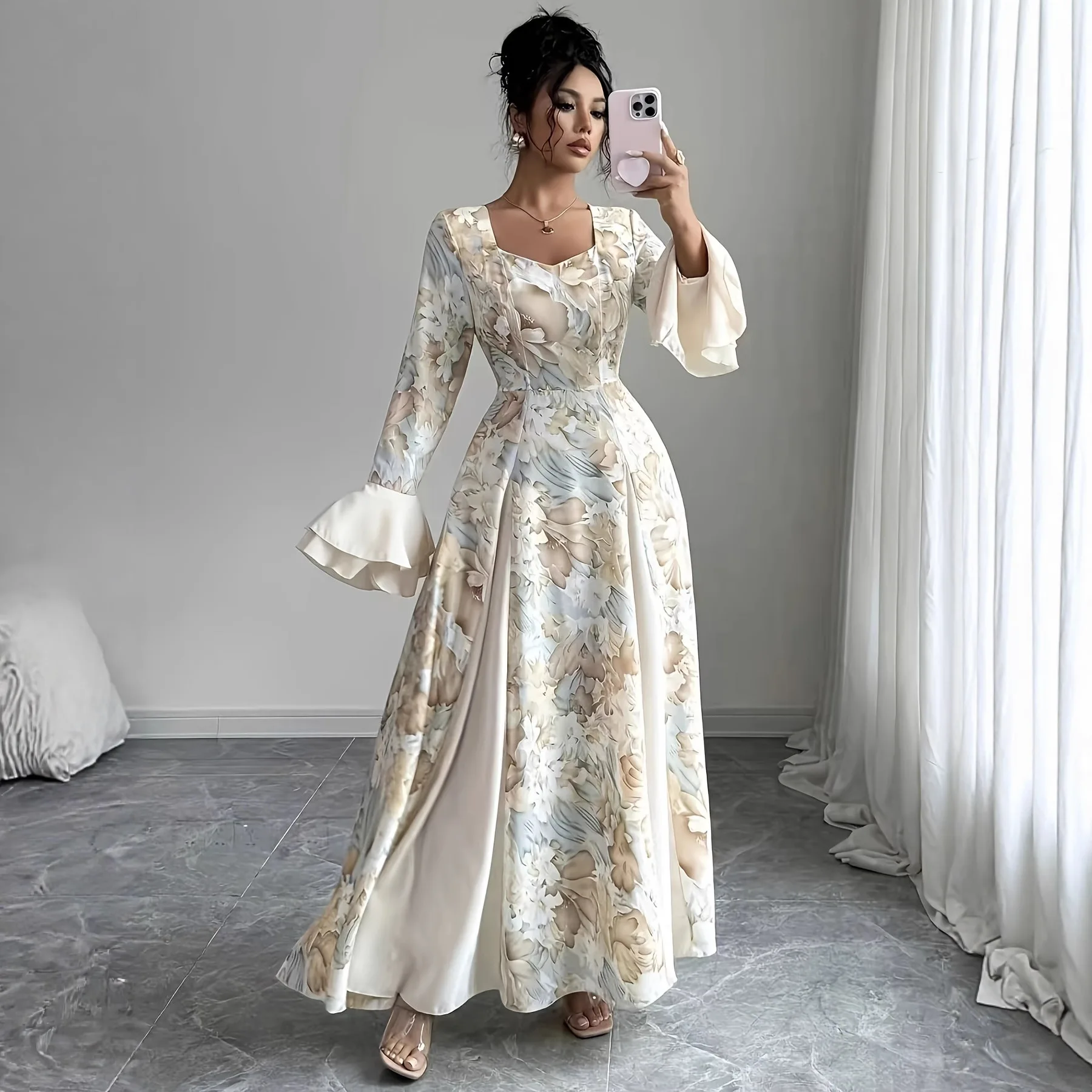 Spring And Autumn Elegant Printed Square Neck Bell Sleeve Long Dress Wedding Dress Maxi Clothes Robe Bandage
