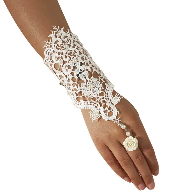 Wedding Bridal Black White Gloves Lace Bracelet Flower Decor Adjustable Ring Set Dropship