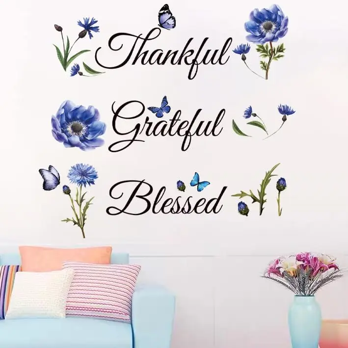 Grateful Thankful Blessed  Flower Wall Stickers Living Room Inspirational Motivational Quote Wall Decals Kitchen Dining Room