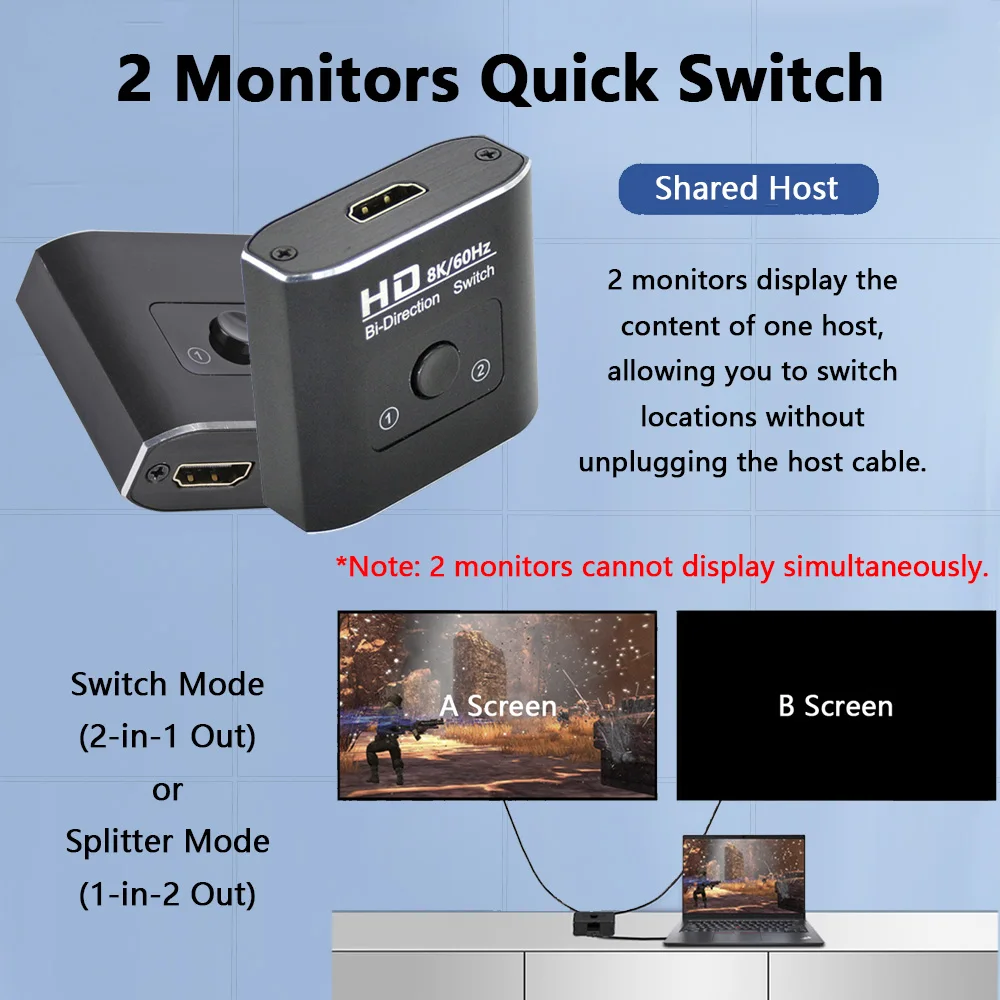 

8K HDMI Switch/Splitter 2x1 & 1x2 | Bi-Directional Adapter with 4K@60Hz HDR & Dolby Sound