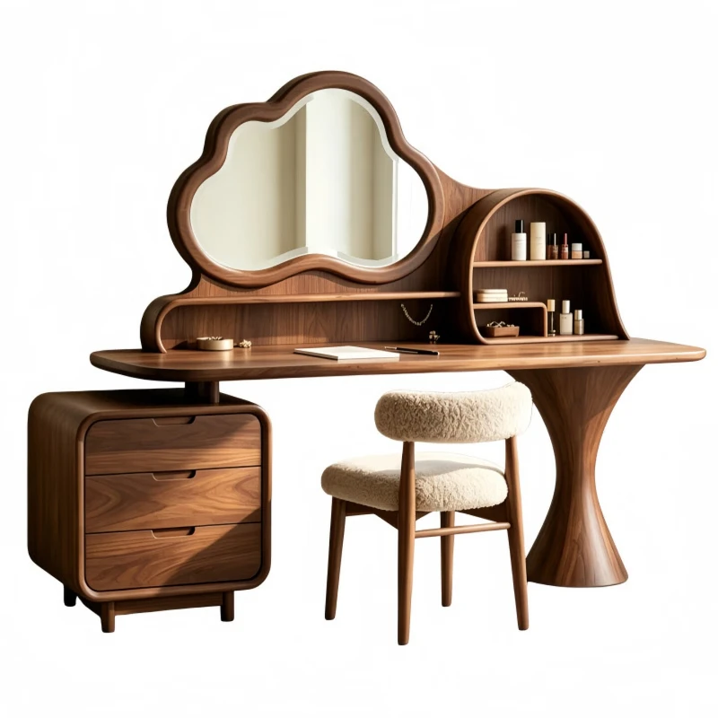 Modern simple solid wood dressing table, integrated storage with mirror, bedroom dressing table, black walnut