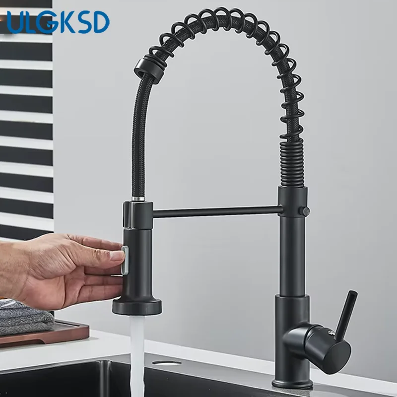 

Матовый черный пружинный смеситель для кухонной раковины с одной ручкой, кран для горячей и холодной воды, монтируемый на палубе, кухонный кран, золотой кухонный кран, кран