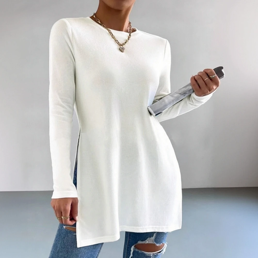 

Autumn Women's T-Shirts Chic Simple Minimalism Side Slit Solid Color Long Sleeve Crew Neck Long Tees