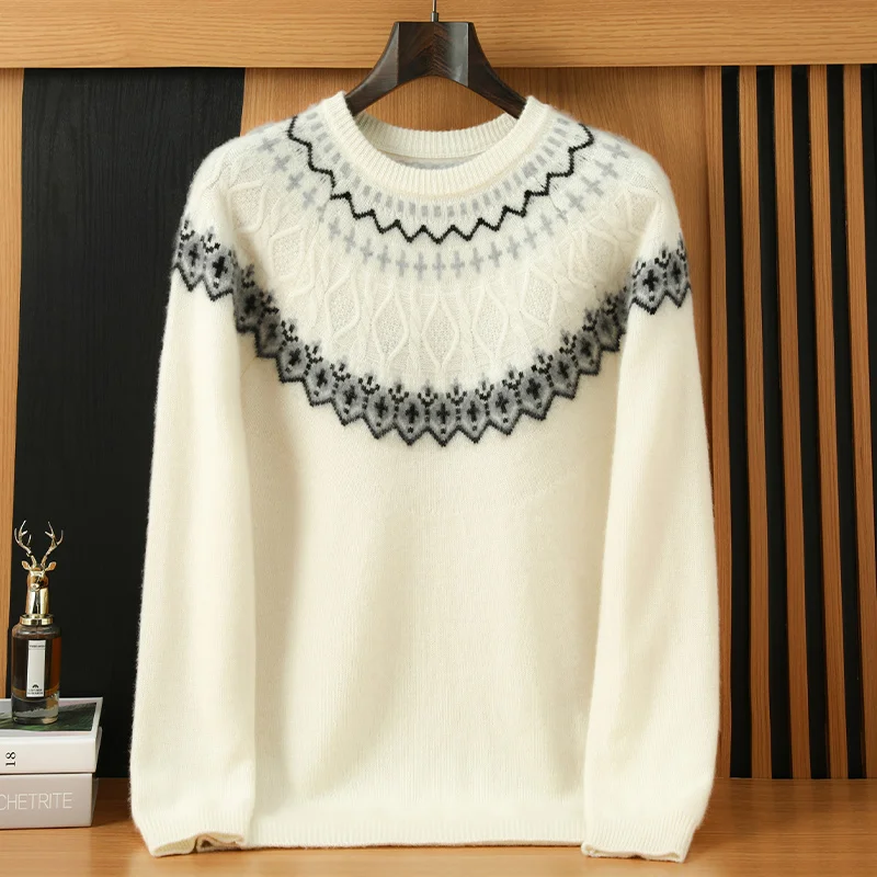 

Trendy Men's 100% Cashmere Pullover High Quality Knitted Sweater Loose Round Neck Tops Thick Luxury Brand Streetwear Pull Jumper