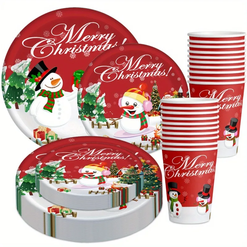 

30Pcs Snowman Christmas Party Set - Paper Plates & Cups for Holiday Celebrations, Birthdays, Winter Events