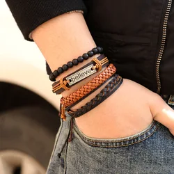 Leather Bracelet For Men Retro Believe Woven Multi-Layer Leather Retro Handmade Men‘S Beaded Bracelet