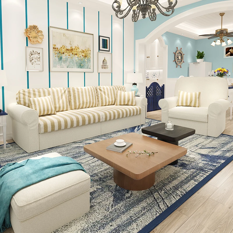 db-American Retro Style Akto Blue Striped Leather Art Sofa, Antique Style Living Room Villa Sofa Module@