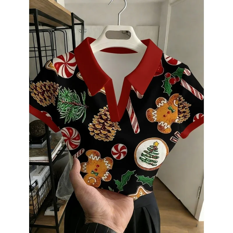Women's Christmas Gingerbread Cookie Print Polo Shirt, Black Red V-Neck Short Sleeve Collared Holiday Casual Tee for Ladies