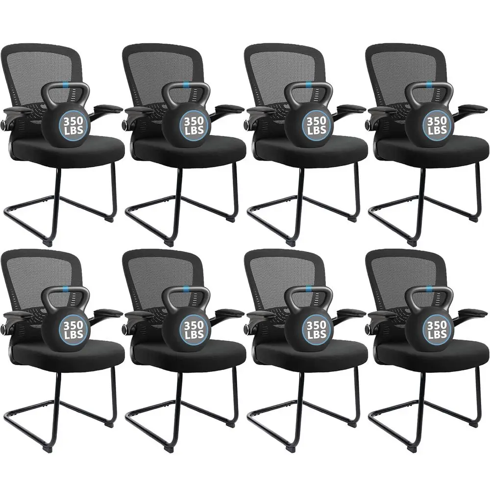

Office Guest Chair no Wheels with Lumbar Support and Flipup Armrest Mid Back Mesh Space Air Grid Series Sled Base for Reception