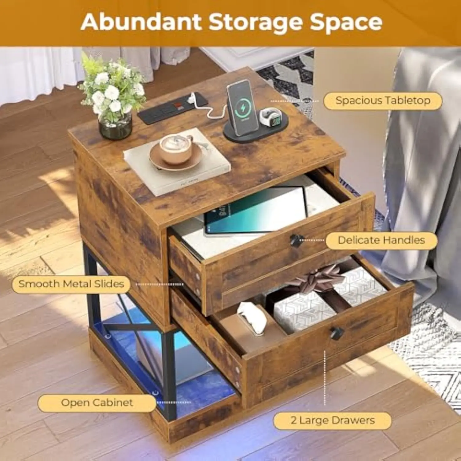 Rustikaler Nachttisch im 2er-Set mit Ladestation und LED-Leuchten, braunes Nachttisch-Set 2 mit Ladestation, 2 Schubladen