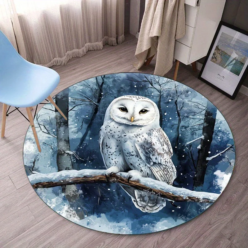 

SnowyOwl WinterForest Round Rug Nature Wildlife Animal Art Blue White Scene Bedroom Living Room Floor MatCrystal velvet carpet