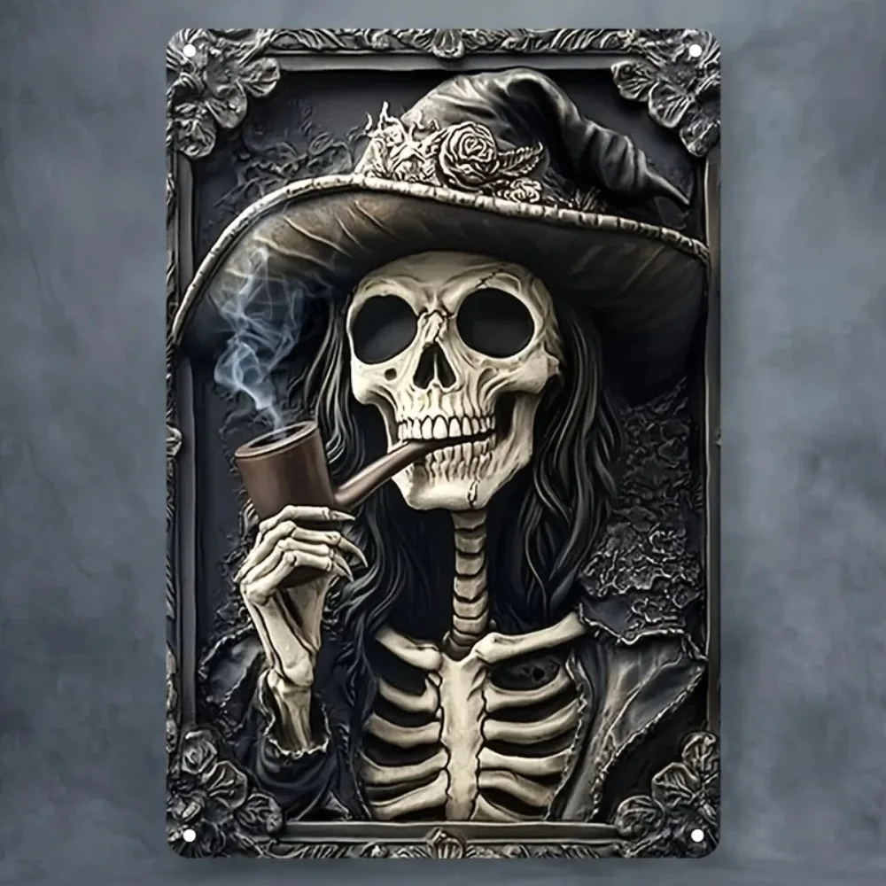 لوحة ألومنيوم SkeletonWitchSign Skeleton Witch - ديكور حائط معدني مربع مع فتحات محفورة مسبقًا، ديكور بار/مطبخ #1