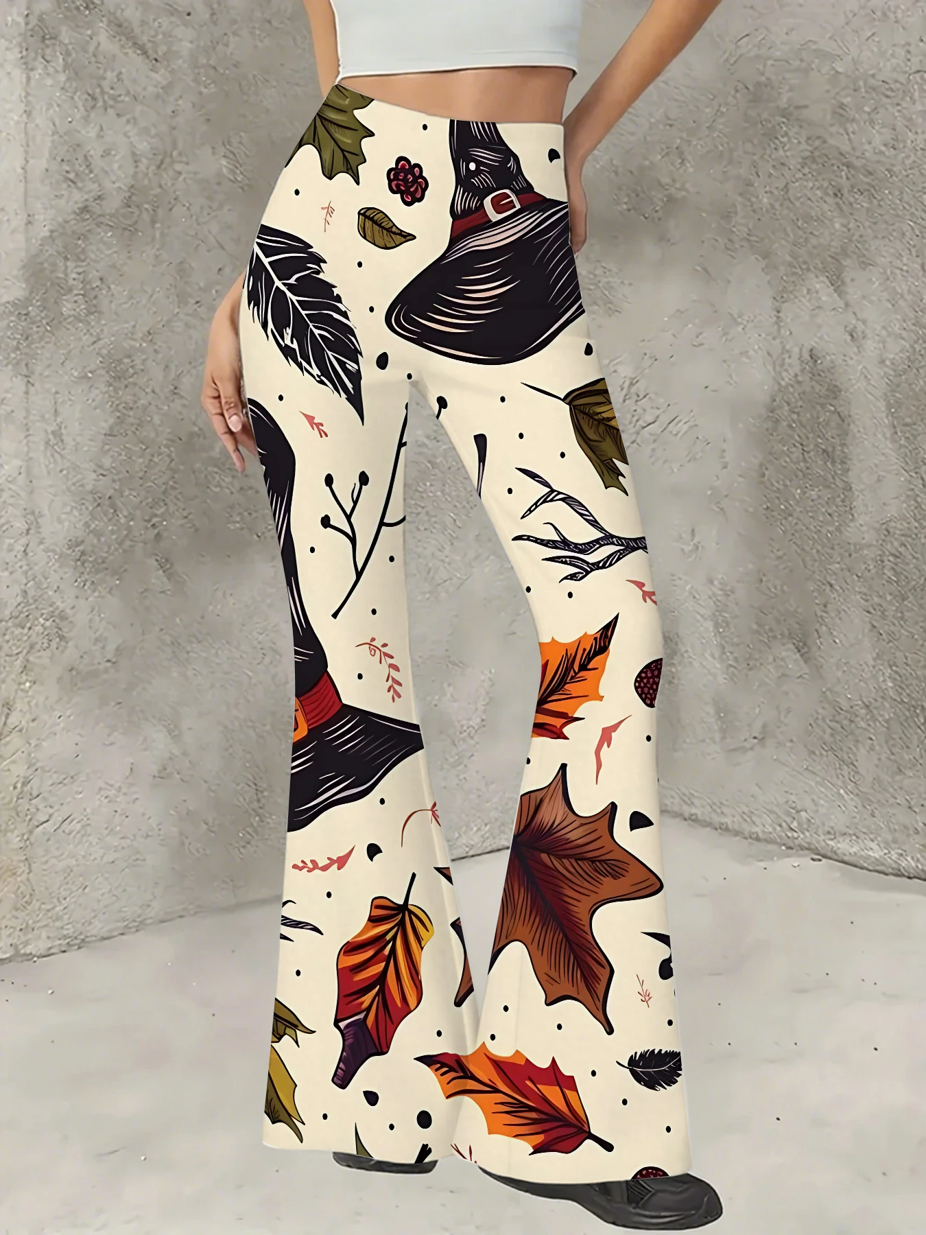 

Y2K Graphic Print Flare Pants Women High Waist Knit Bell Bottom Trousers