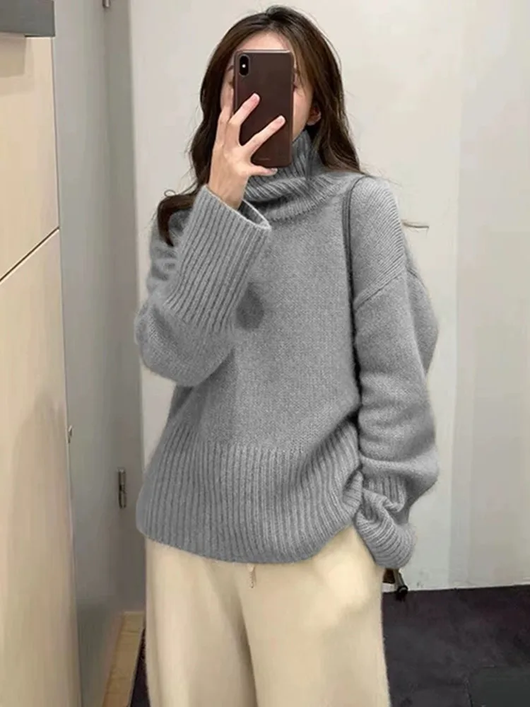 2024 Autumn/Winter New 100% Cashmere Wool Turtleneck Sweater Women\'s High Neck Knit Pullover Soft Comfortable Top Loose Jumper