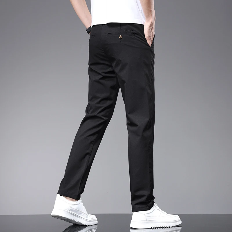 Spring Summer Thin Men\'s Slim Casual Pants Solid Color Elastic Waist Soft Breathable Business Straight Trousers Black Beige Gray