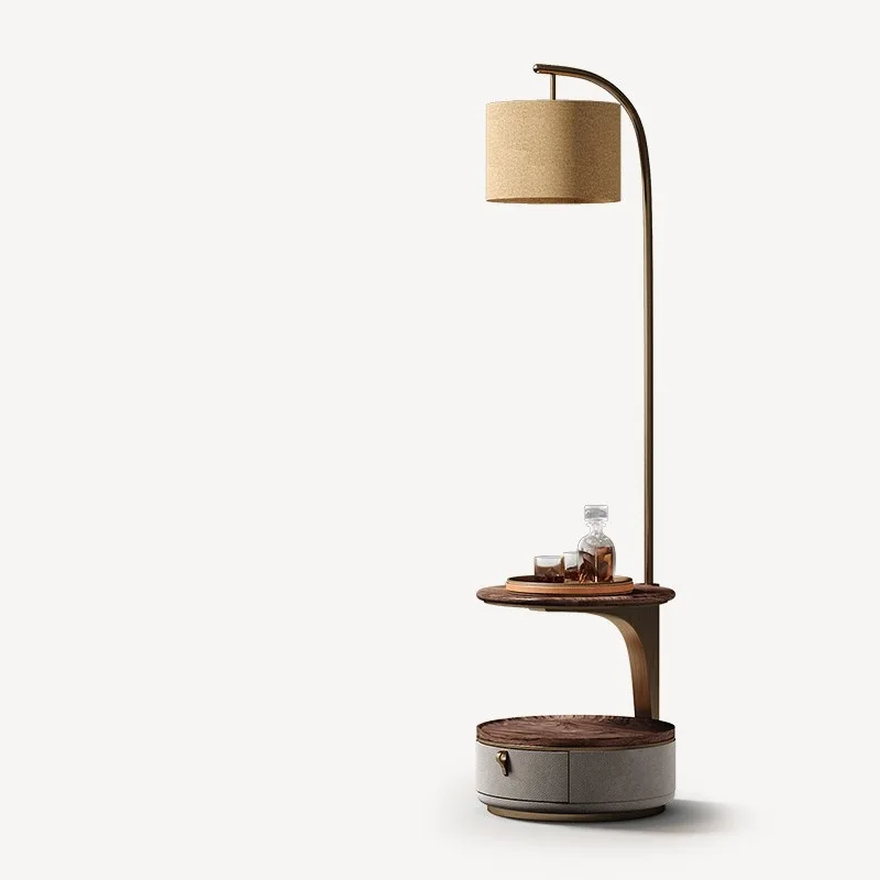 Italian light luxury walnut corner floor lamp living room modern luxury stone storage table integrated side lamp spot