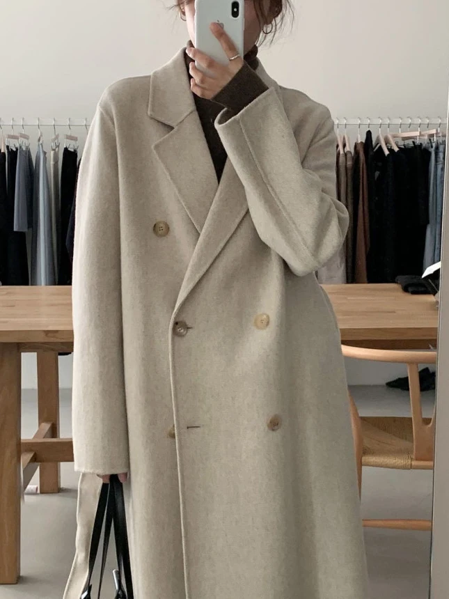 

Шикарное длинное двубортное шерстяное пальто в стиле ретро, женское зимнее пальто высокого класса, верхняя одежда, длинное пальто с воротником свека