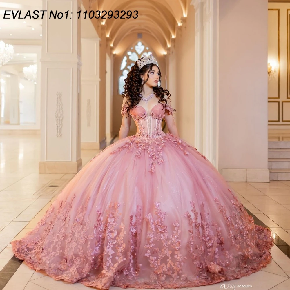 EVLAST Aangepaste Glanzende Blush Baljurk Quinceanera Jurk Kant Applique Kralen Crystal Cape Sweet 16 Vestidos De 15 Anos E1Q917