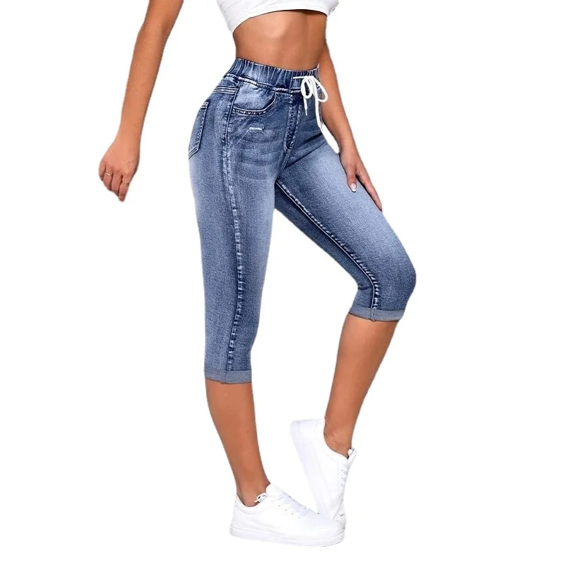 Women Denim Shorts Drawtring Elastic Waist Stretch Jeans Ladies knee Length Ripped Hole Short Jean Pants