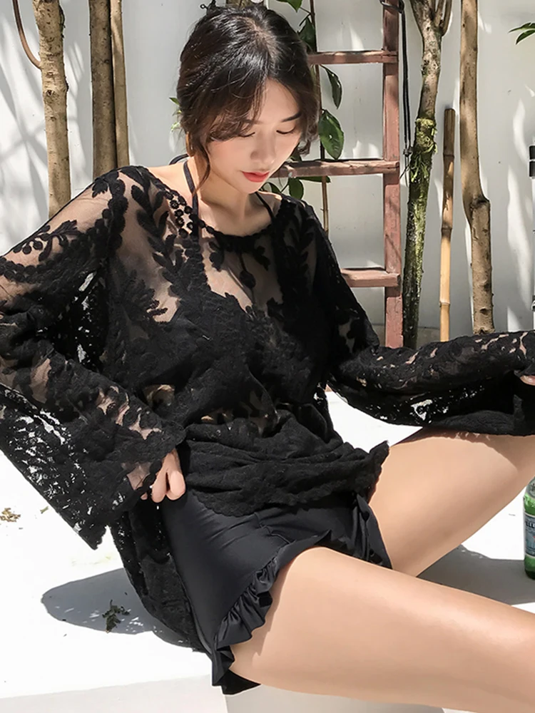 

Комплект для плавания из трех предметов для полных девушек: термокостюм с длинными рукавами, консервативный раздельный купальник-накидка для термальных источников