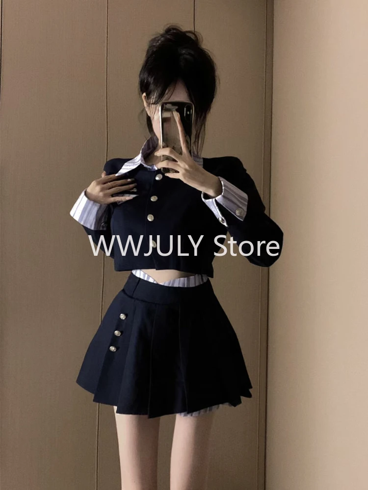 20024 New Uniform College Style Fashion Blazer Set Patchwork Elegant Crop Tops + Slim Sweet Y2k Mini Skirt Korean Suit Woman