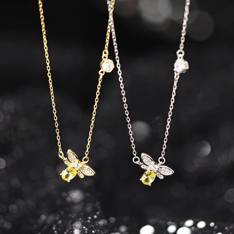 Fashion 925 Sterling Silver Small Bee Zircon Necklace Charm Animal Pendant Cute Clavicle Chains Fine Jewelry for Women