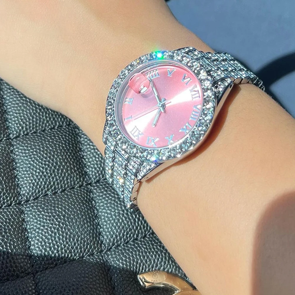 

Small Pink Women Watch Diamond Iced Out Mini Dial Elegant Dress Watches For Ladies Luxury Calendar Wristwatches geschenk frauen