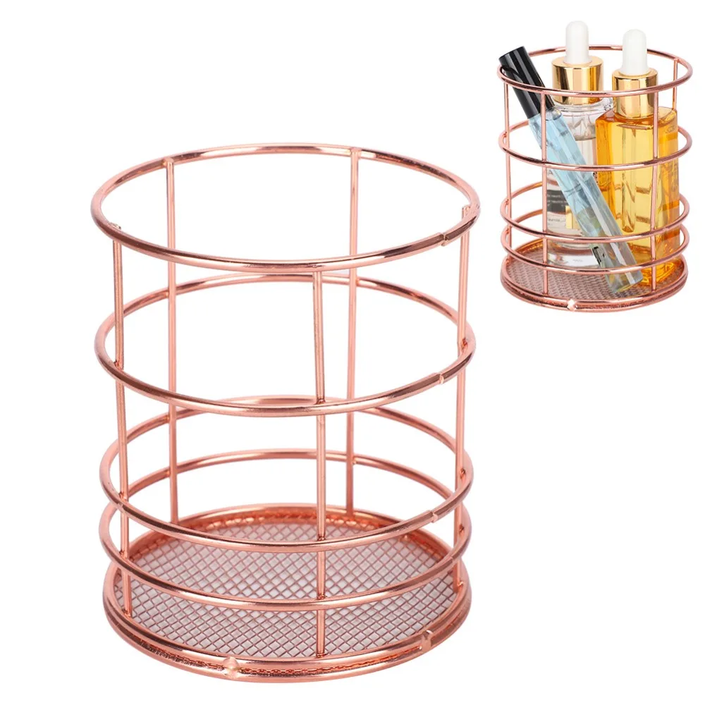 2Pcs Hollow Design Pen Holder Rose Gold Stainless Steel Desktop Storage Basket Mesh Multifunctional Storage Container Desktop