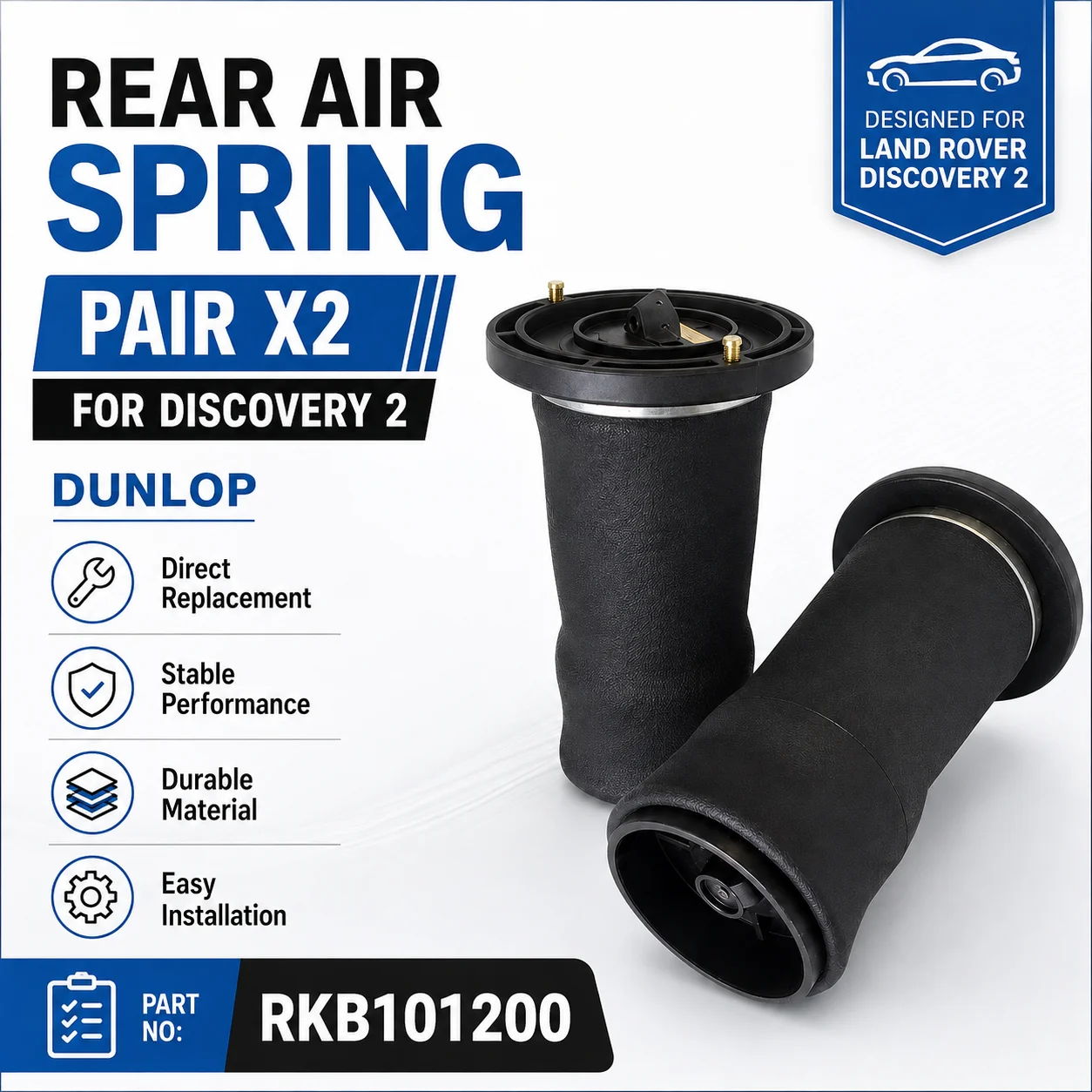 FOR DISCOVERY 2 NEW REAR AIR SUSPENSION SPRING BAGS X2 DUNLOP - RKB101200