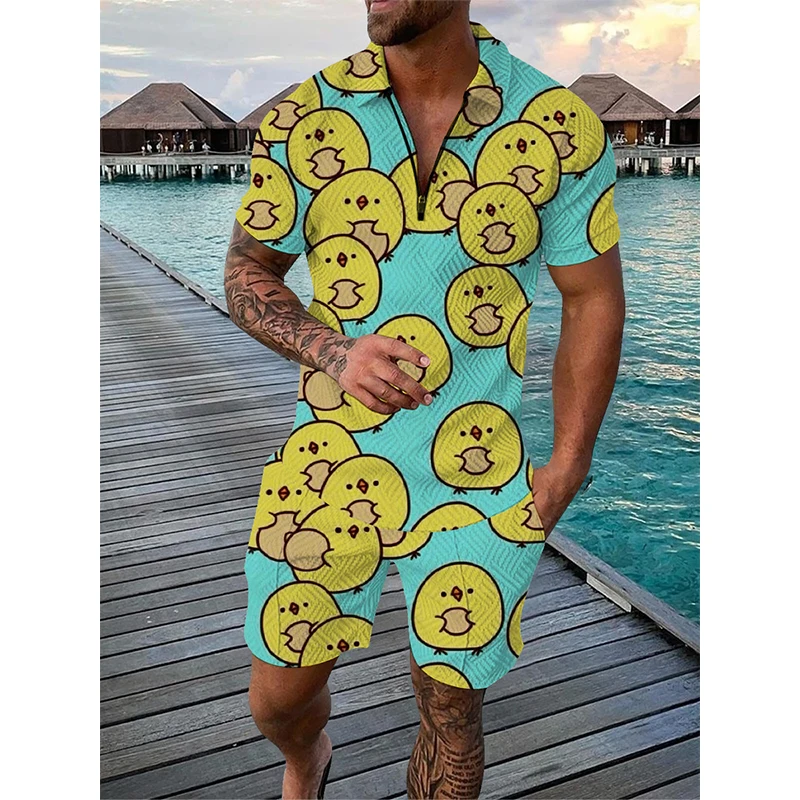 3D Cartoon Duck Pattern Print Men's Sets Fashion Zip Polo Short Sleeve Top +Shorts Outfit Summer Street Trend Oversized Tee Suit