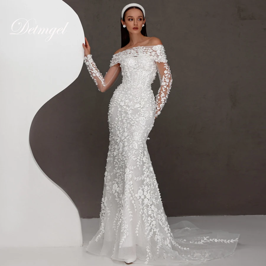

Detmgel Новые свадебные платья русалки с вырезом лодочкой, роскошные 3D цветы, аппликации, кружево со съемным шлейфом, Vestido De Noiva по индивидуальному заказу