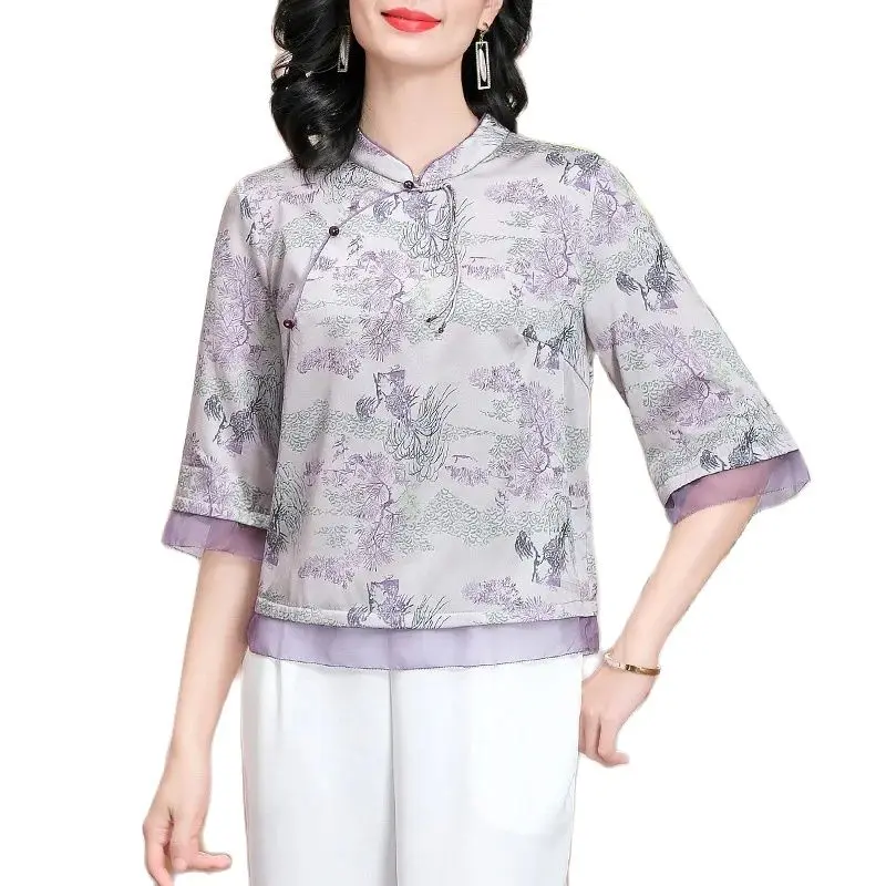 BirdTree-chemise élégante pour femmes, blouse 92% authentique à manches mi-longues imprimée, blouse de caractère chinois rétro, T456SpringQC, collection été 2024