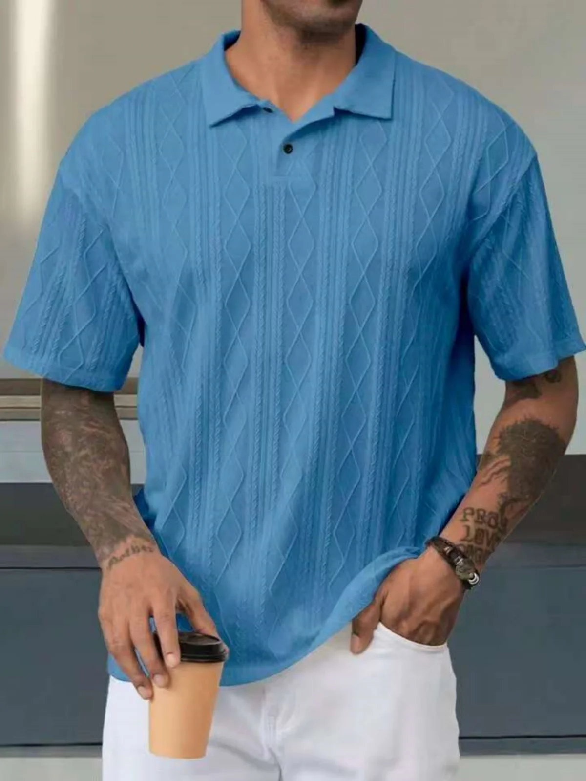 

2025 European Men's Summer Short-Sleeved Knitted Polo Pure Color Collarless Casual Retro Shirt