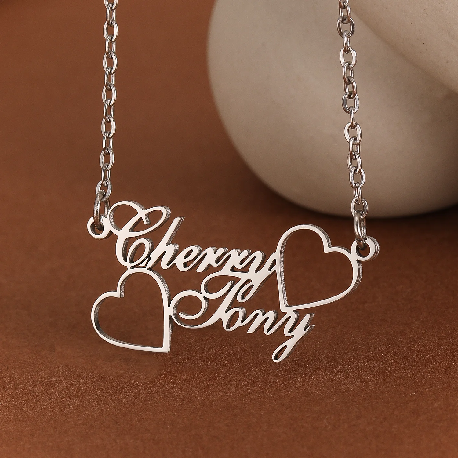 QIAMNI Customized Couple Double Name Pendant Necklace Wedding Jewelry Stainless Steel Personalised Love Heart Letter Choker