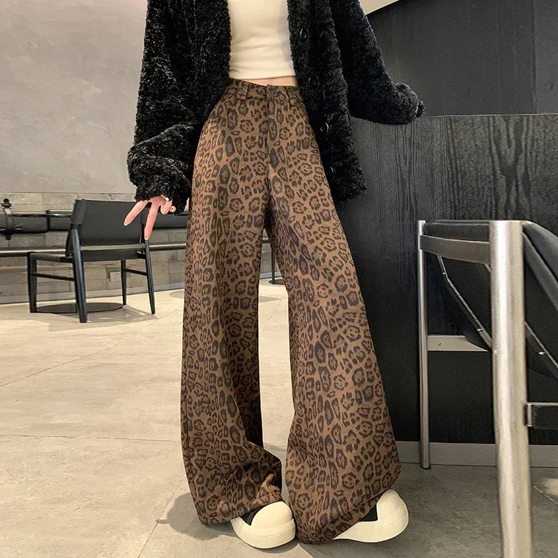 Fashion Leopard Print Wide Leg Pants Women Y2k High Quality High Waist Slim Fit Trouser Female Casual Baggy Streetwear Pants