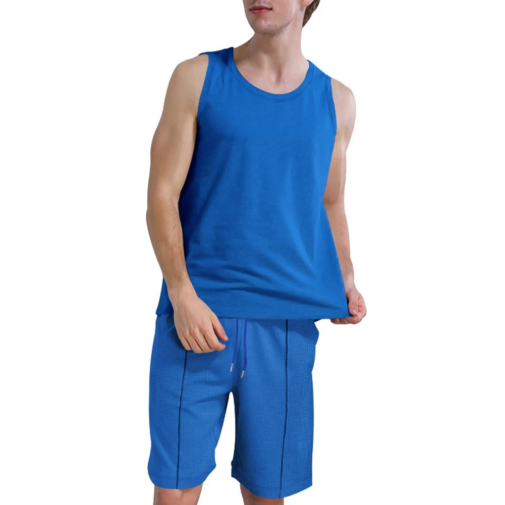 Men Tracksuit Tank Top Shorts Sets Solid Color Sportwear Casual Sweatsuit Summer